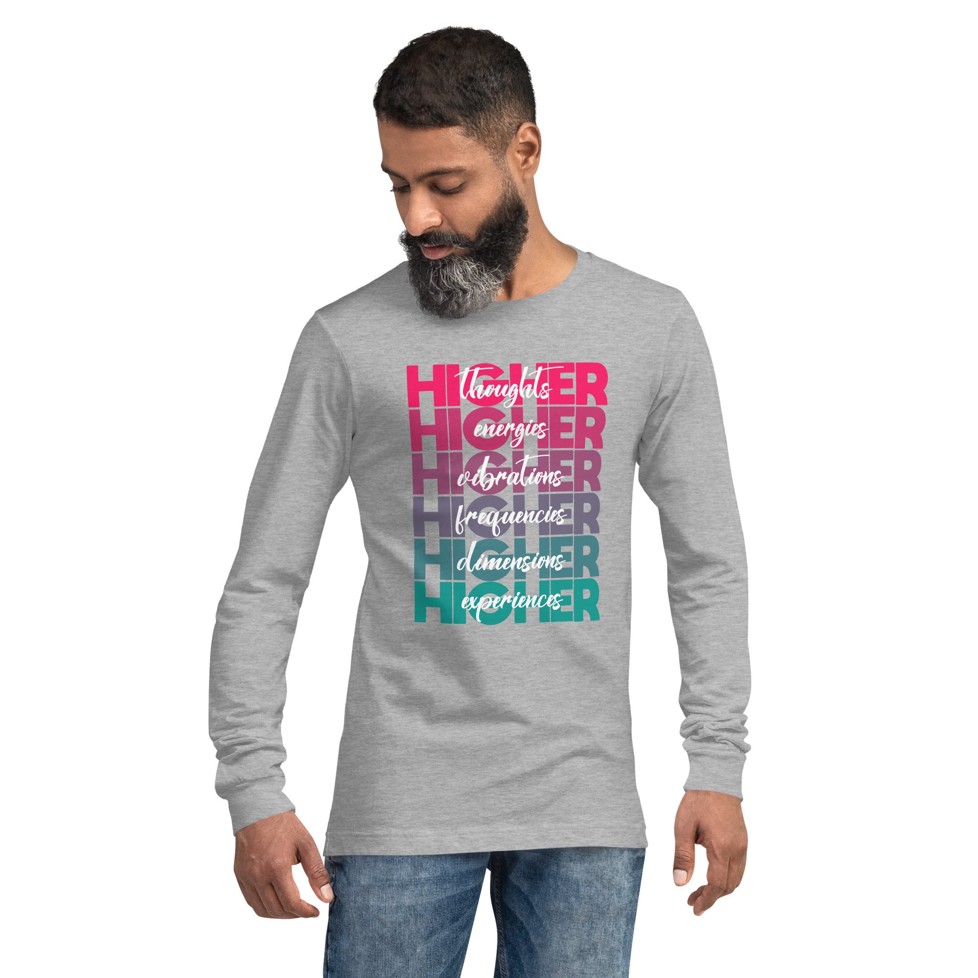 "Higher" Unisex Long Sleeve Tee (White) | Pink/Turquoise