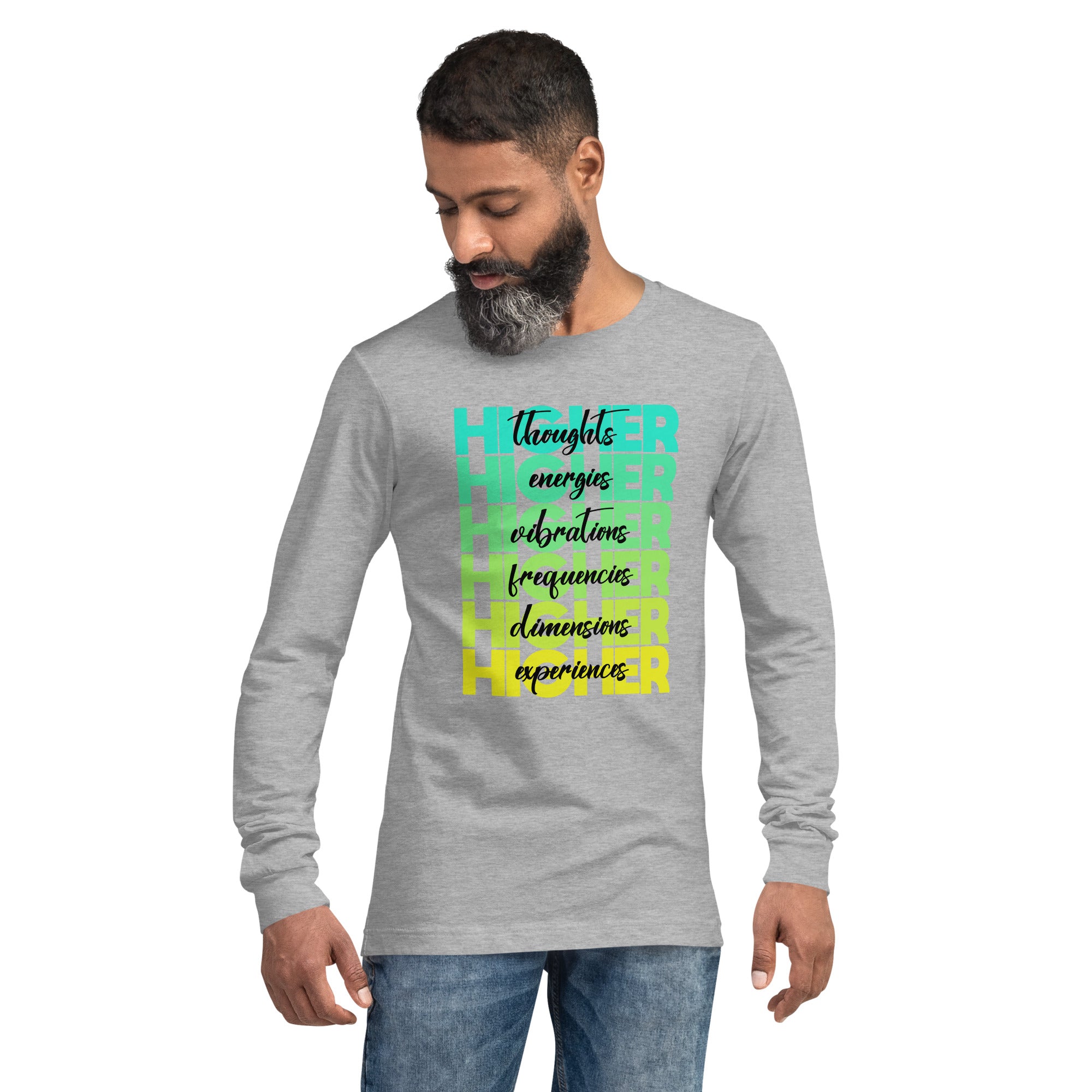 "Higher" Unisex Long Sleeve Tee (Black) | Cyan/Yellow