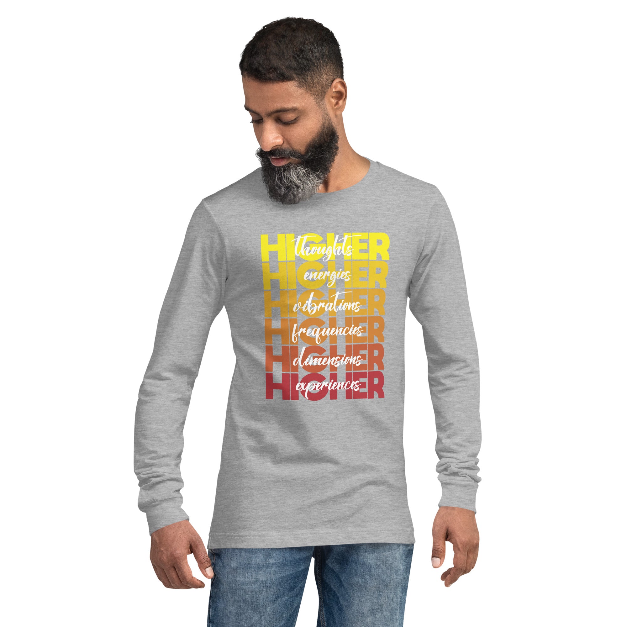 "Higher" Unisex Long Sleeve Tee (White) | Yellow/Burgundy