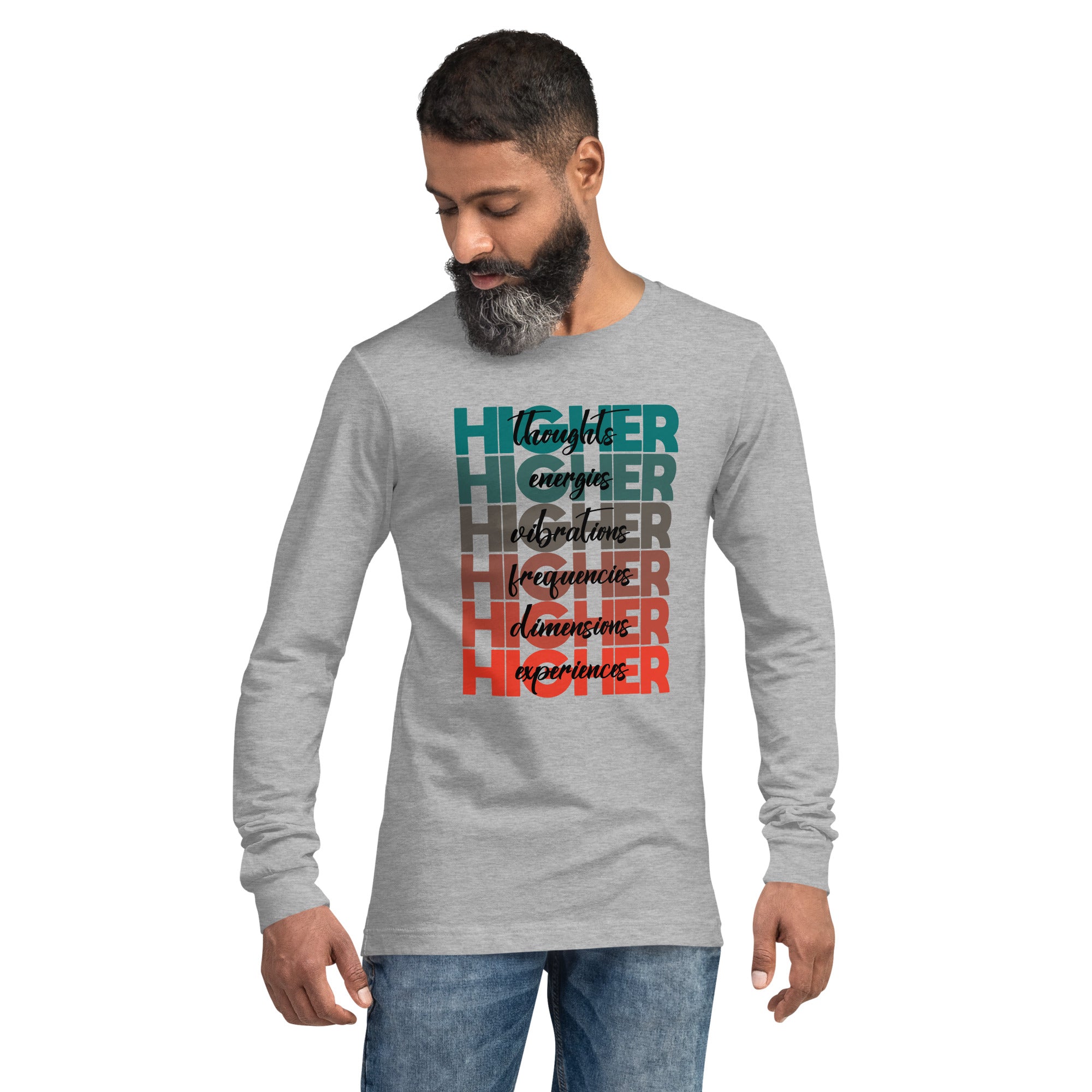 "Higher" Unisex Long Sleeve Tee (Black) | Turquoise/Orange