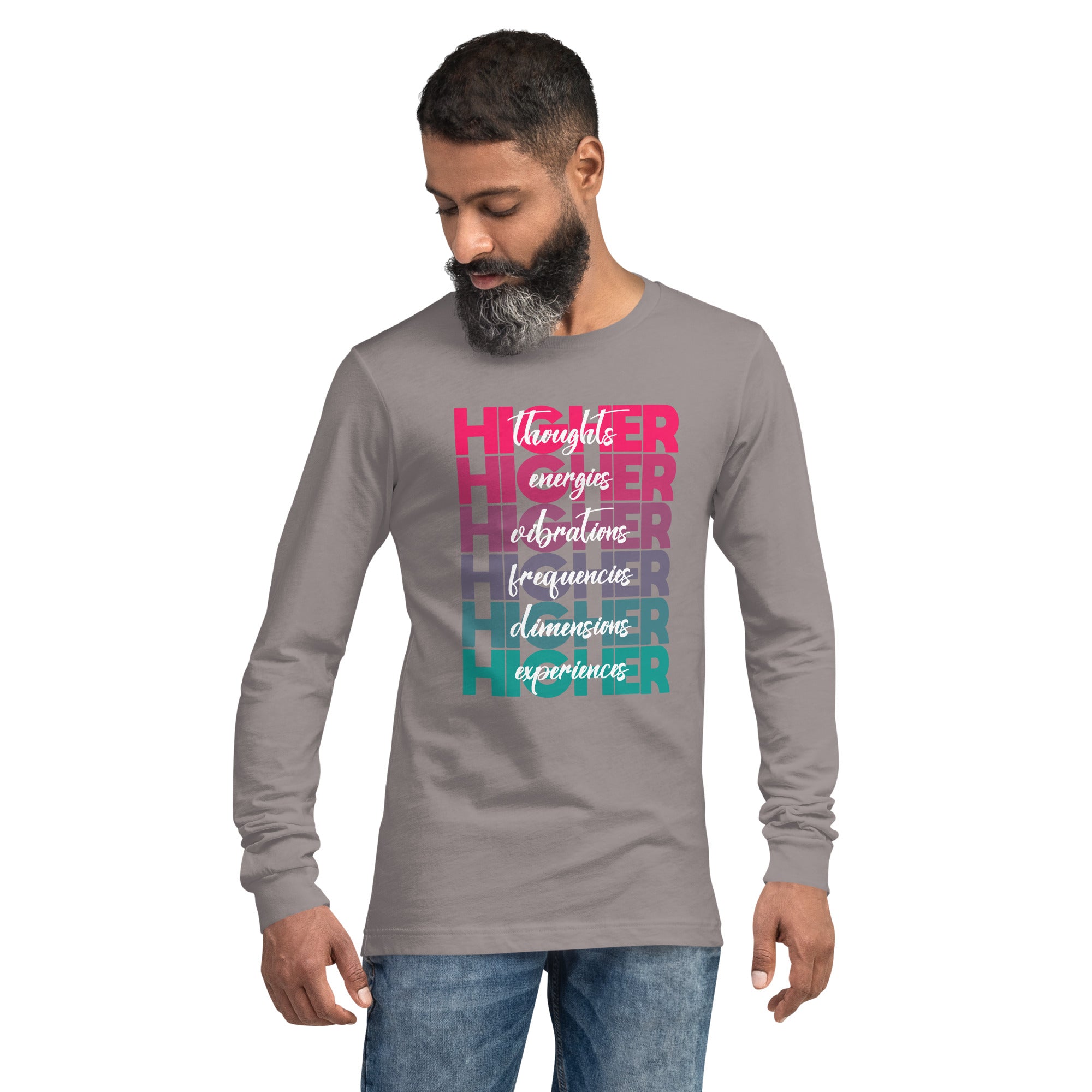 "Higher" Unisex Long Sleeve Tee (White) | Pink/Turquoise