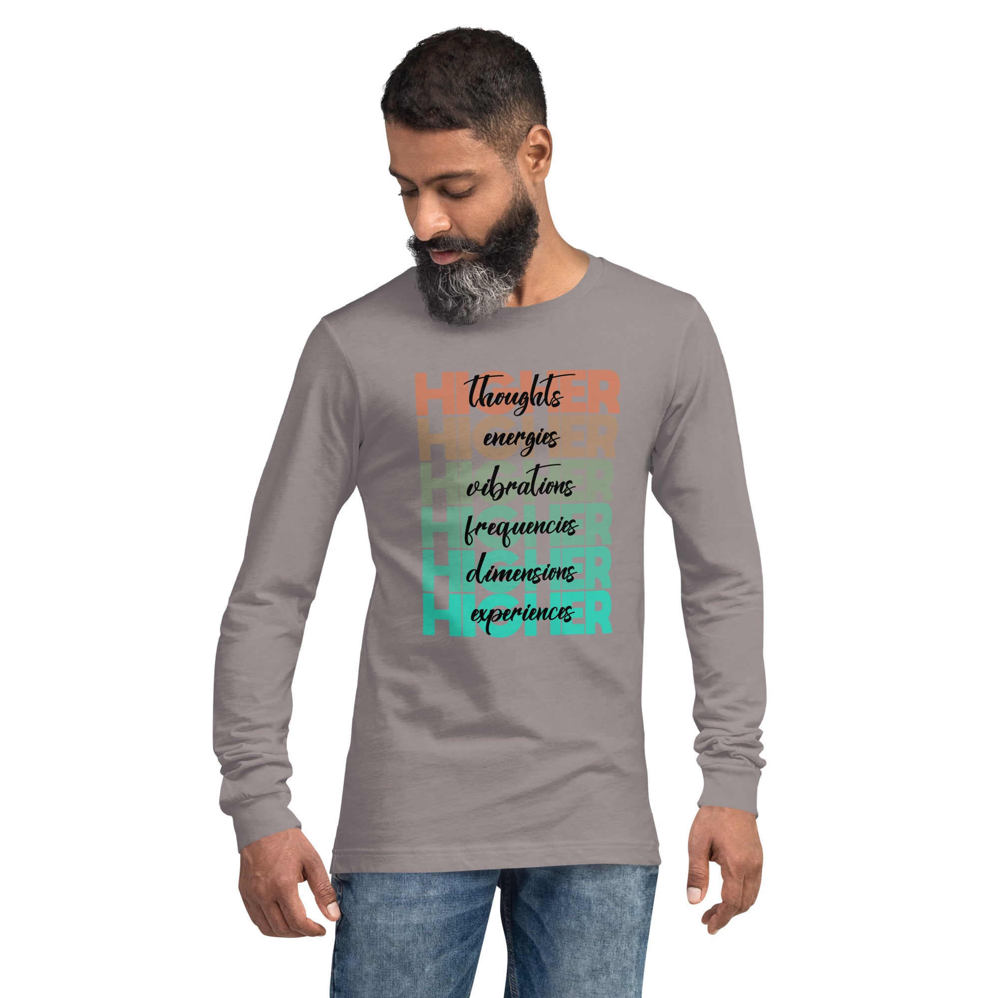 "Higher" Unisex Long Sleeve Tee (Black) | Beige/Cyan