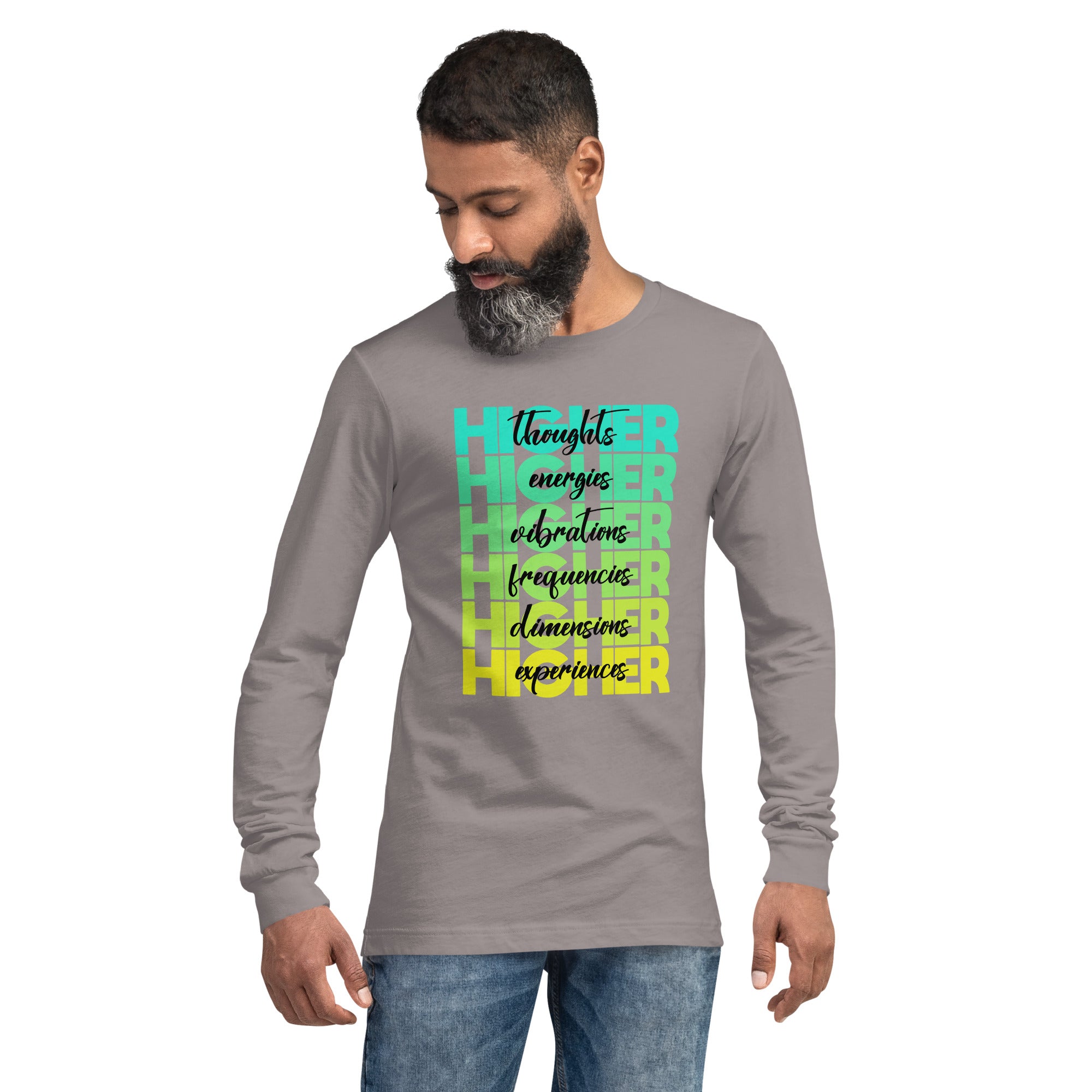 "Higher" Unisex Long Sleeve Tee (Black) | Cyan/Yellow