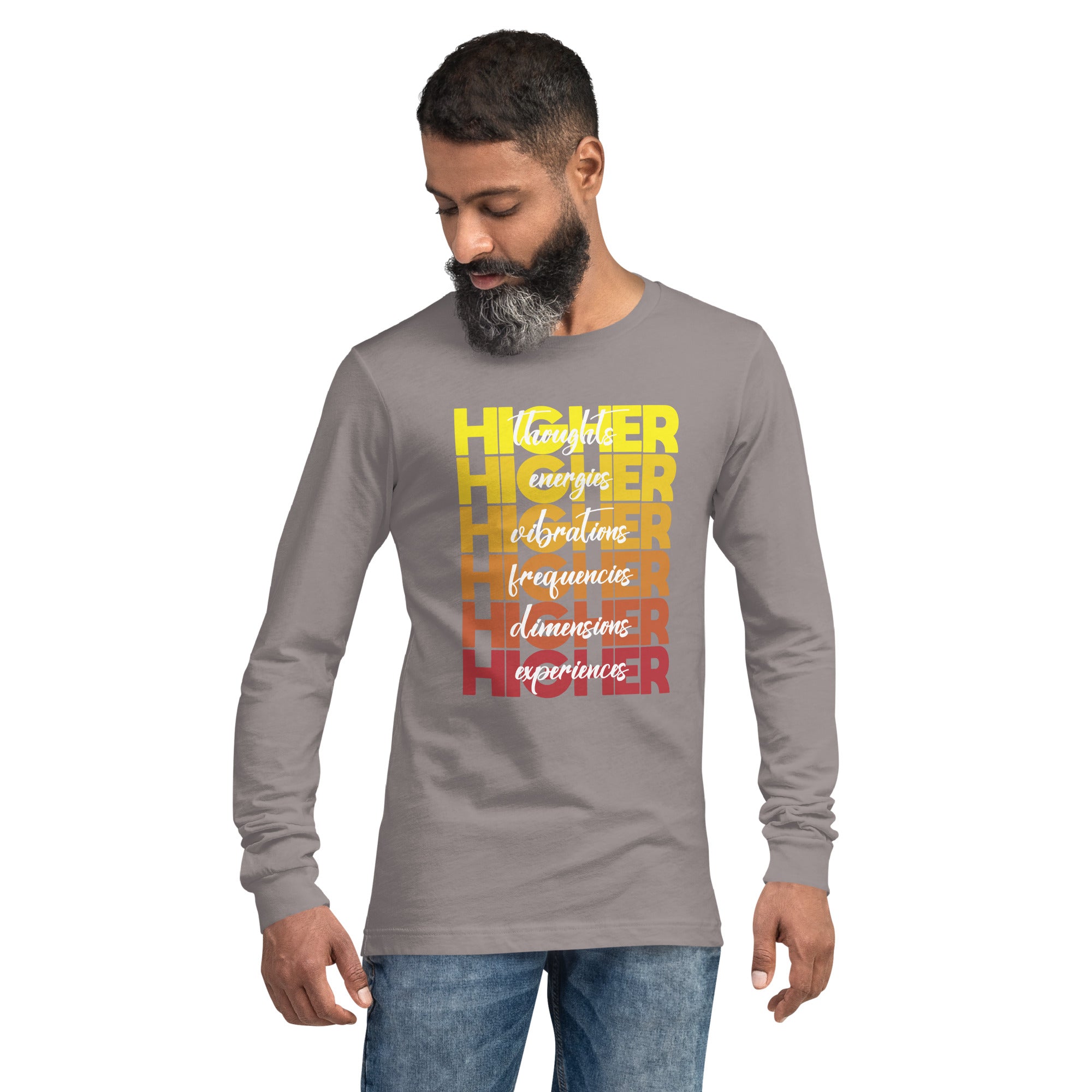 "Higher" Unisex Long Sleeve Tee (White) | Yellow/Burgundy