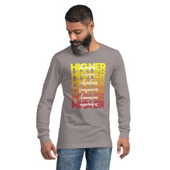 "Higher" Unisex Long Sleeve Tee (White) | Yellow/Burgundy
