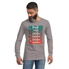 "Higher" Unisex Long Sleeve Tee (White) | Turquoise/Orange