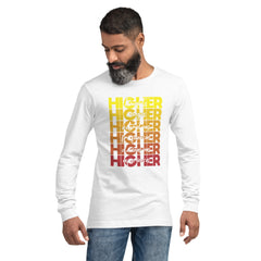 "Higher" Unisex Long Sleeve Tee (White) | Yellow/Burgundy