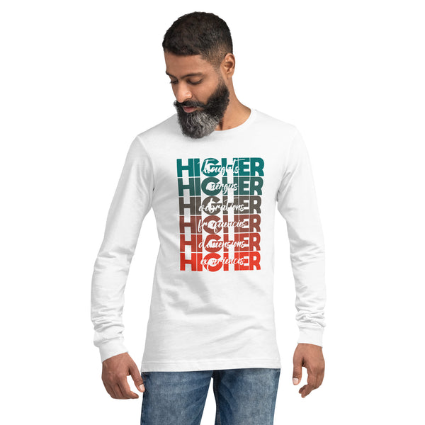 "Higher" Unisex Long Sleeve Tee (White) | Turquoise/Orange