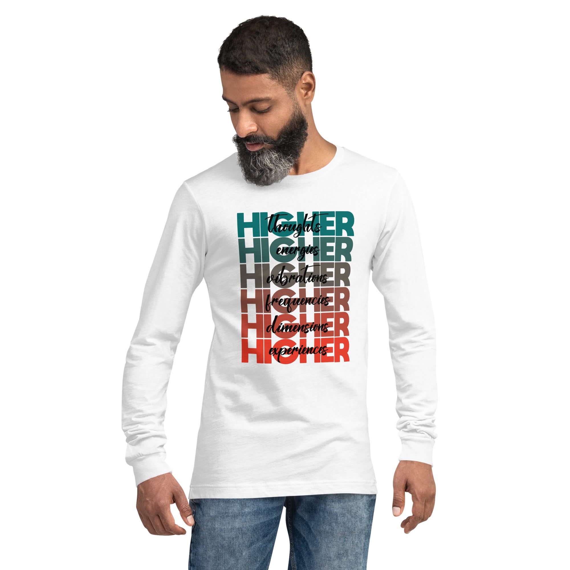 "Higher" Unisex Long Sleeve Tee (Black) | Turquoise/Orange