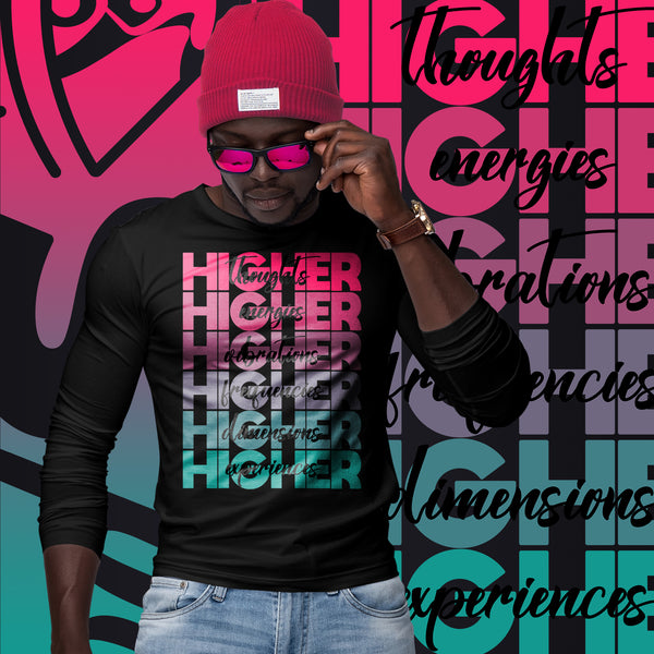 "Higher" Unisex Long Sleeve Tee (Black) | Pink/Turquoise