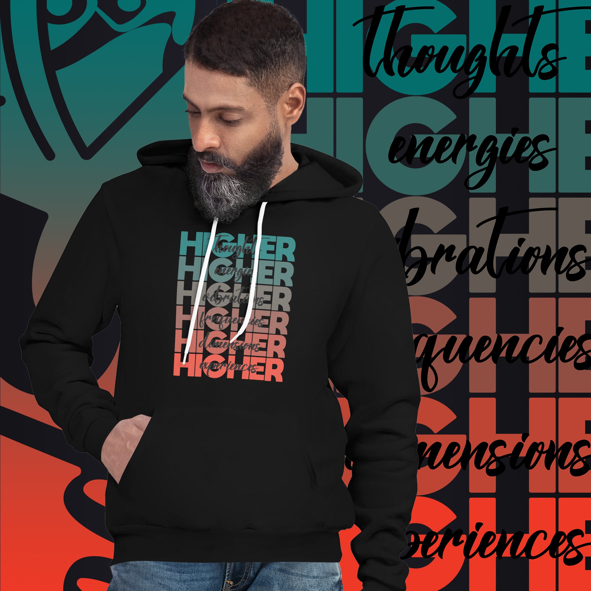 "Higher" Unisex Hoodie (Black) | Turquoise/Orange