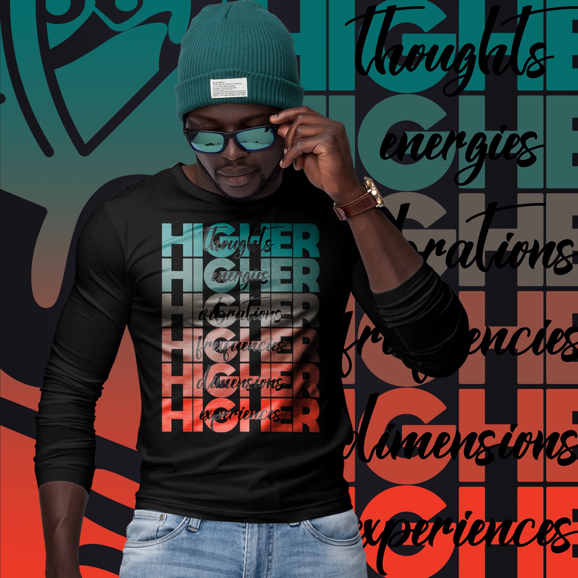 "Higher" Unisex Long Sleeve Tee (Black) | Turquoise/Orange