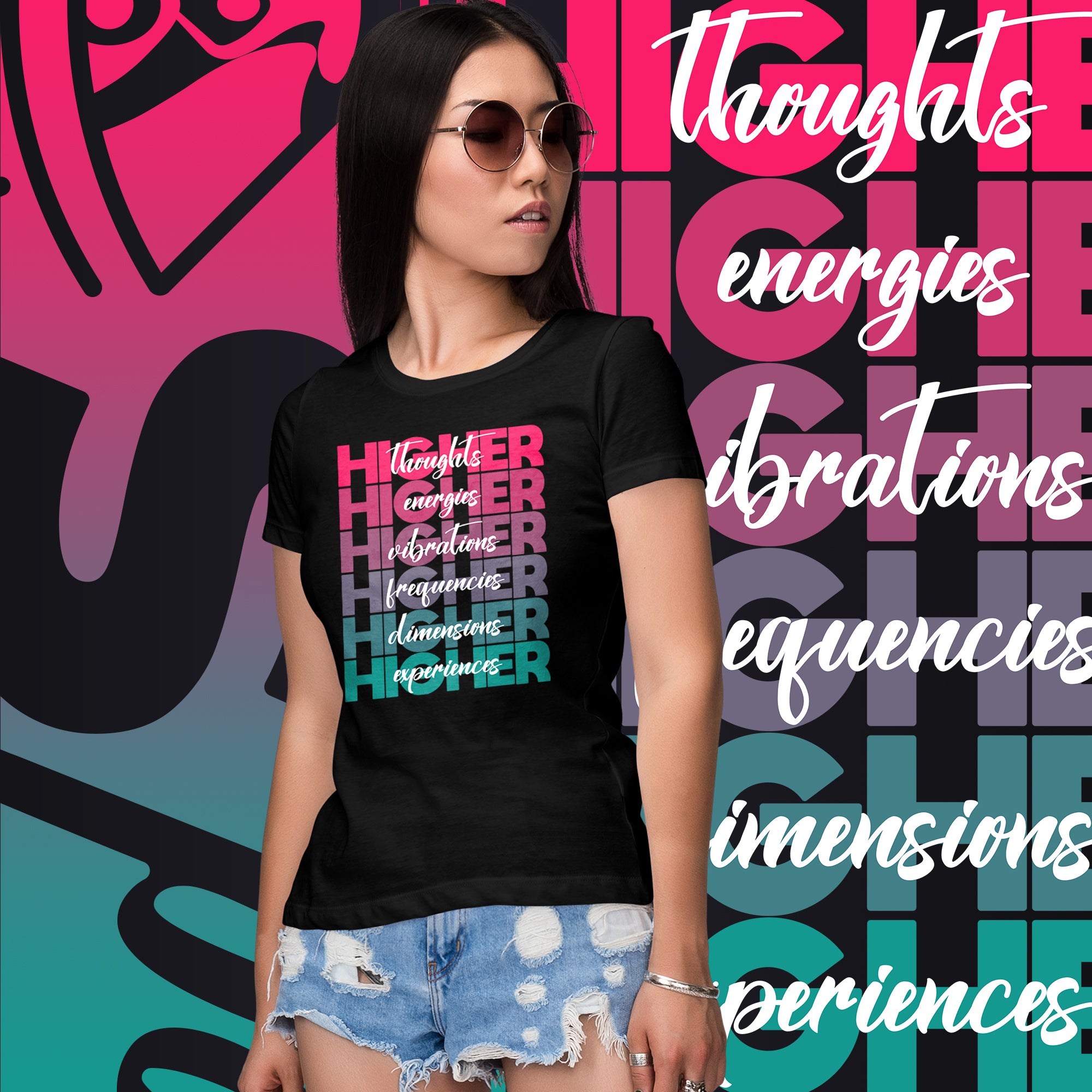 "Higher" Ladies T-Shirt (White) | Pink/Turquoise