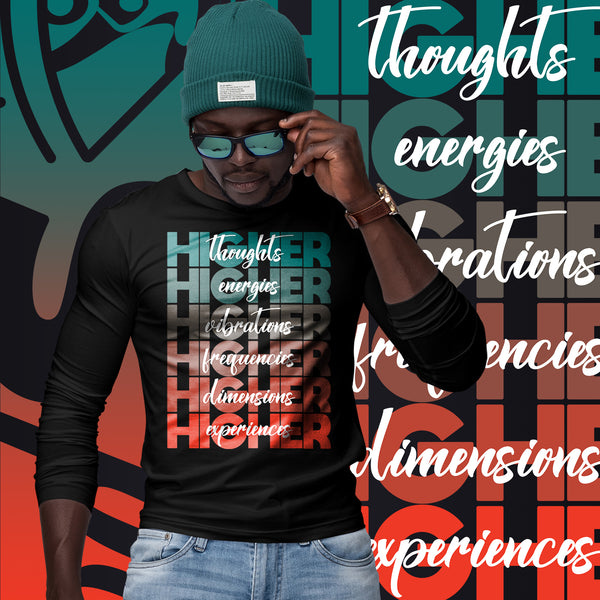 "Higher" Unisex Long Sleeve Tee (White) | Turquoise/Orange