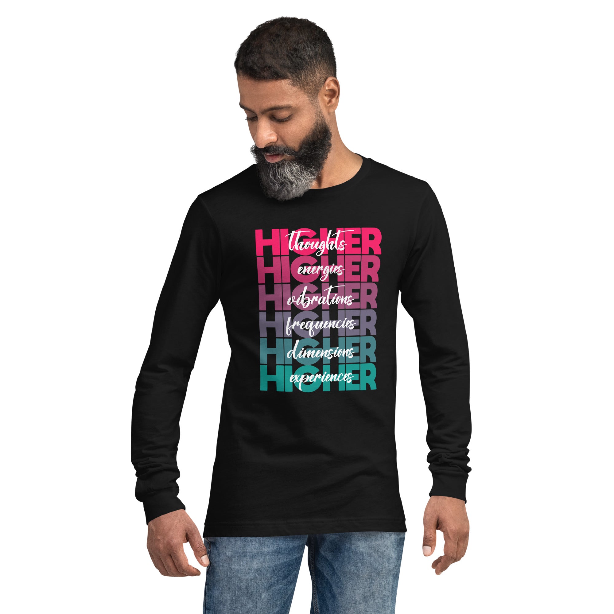 "Higher" Unisex Long Sleeve Tee (White) | Pink/Turquoise