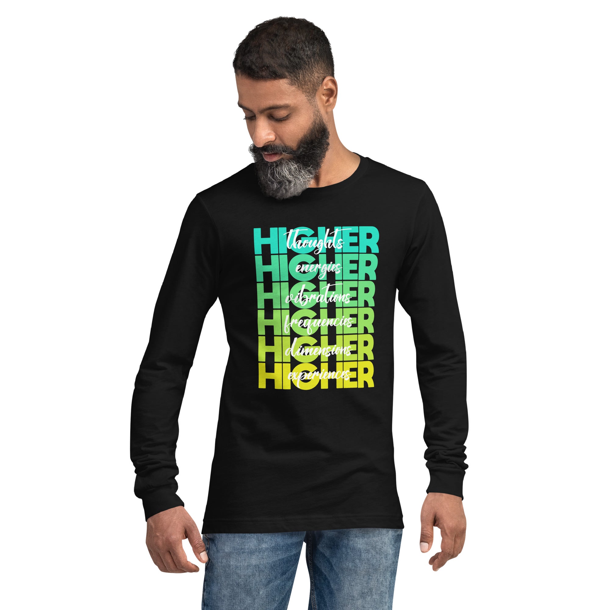 "Higher" Unisex Long Sleeve Tee (White) | Cyan/Yellow