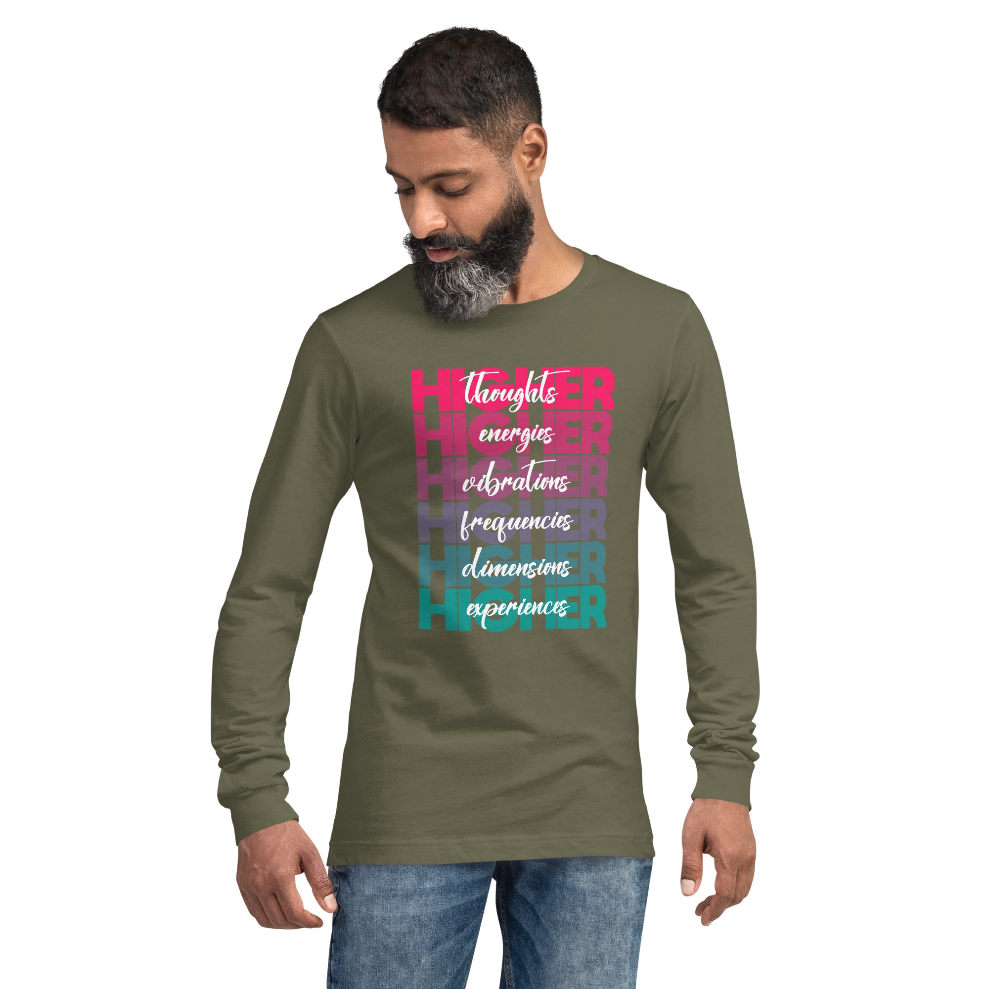 "Higher" Unisex Long Sleeve Tee (White) | Pink/Turquoise