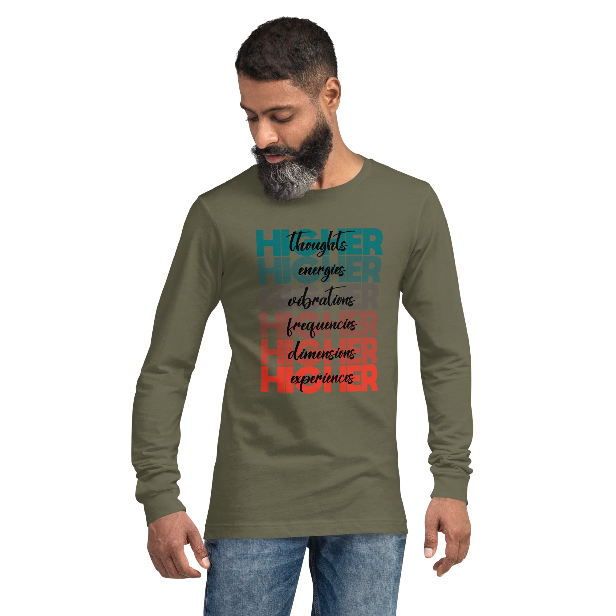 "Higher" Unisex Long Sleeve Tee (Black) | Turquoise/Orange