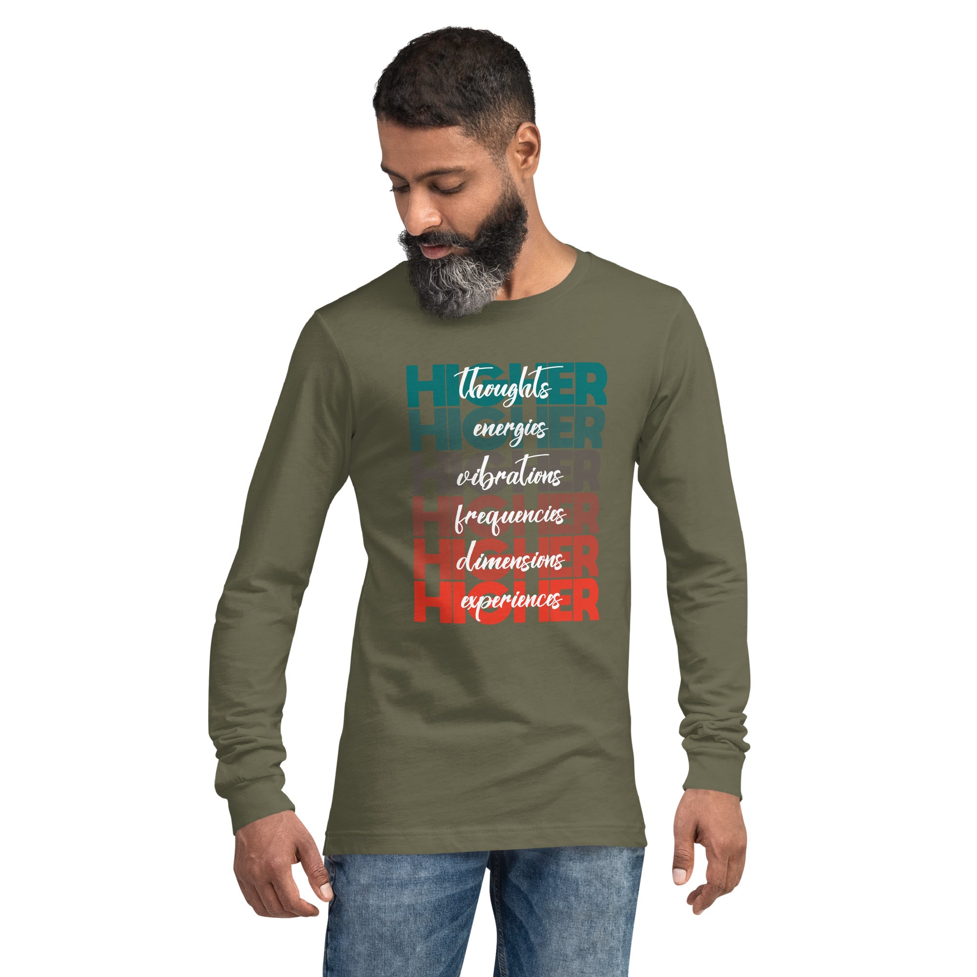 "Higher" Unisex Long Sleeve Tee (White) | Turquoise/Orange