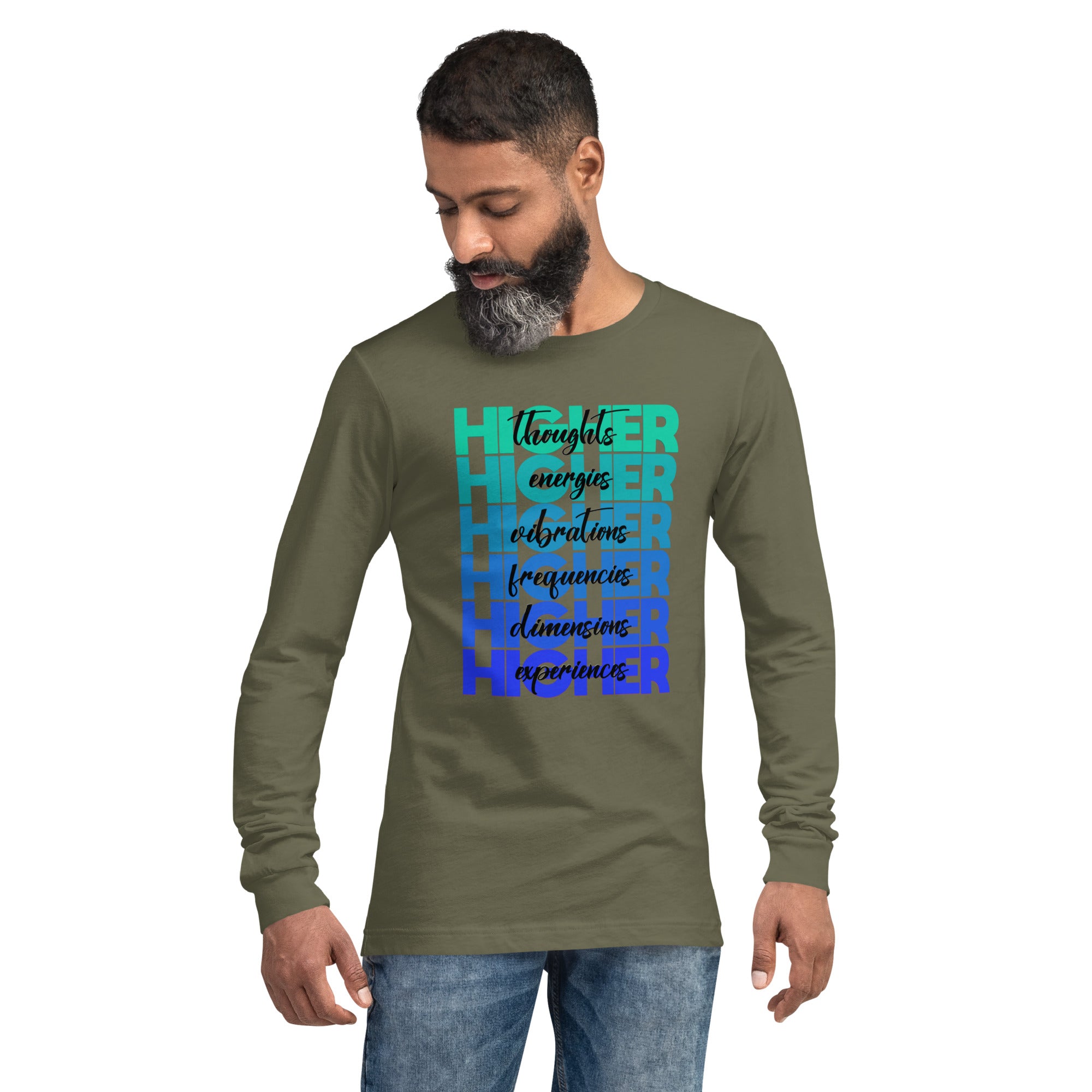 "Higher" Unisex Long Sleeve Tee (Black) | Turquoise/Blue