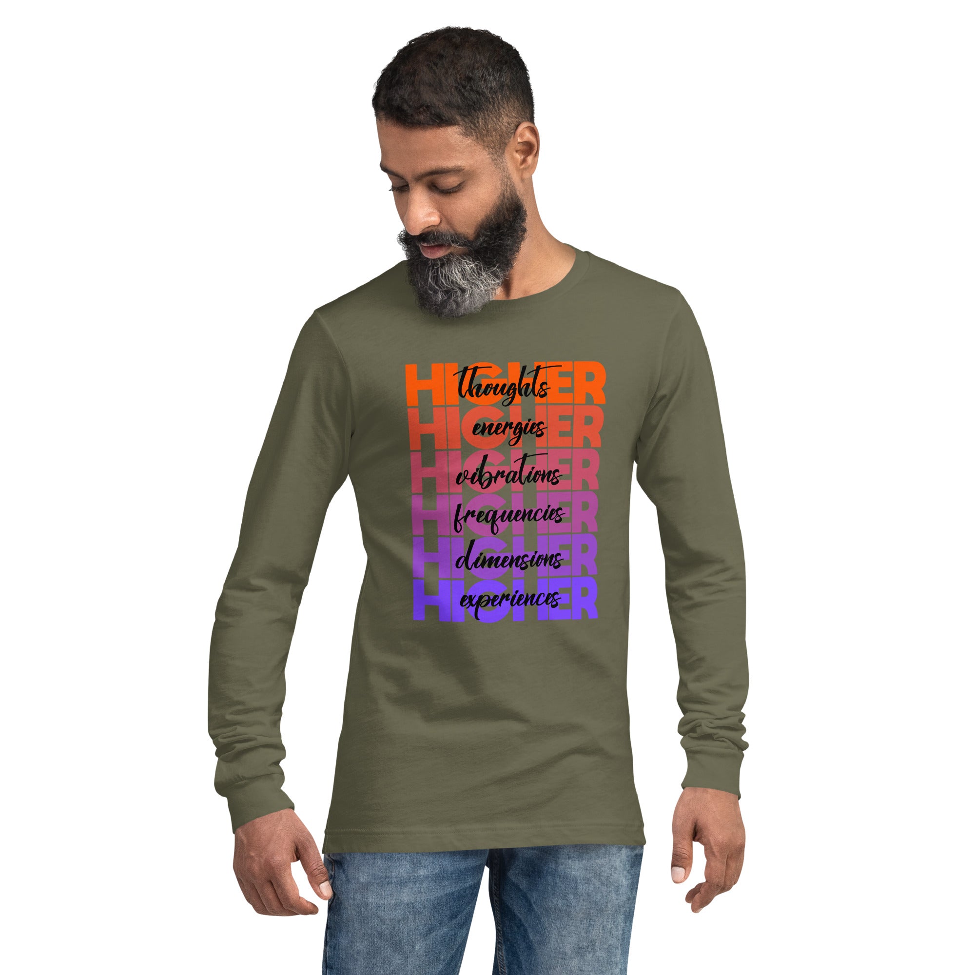 "Higher" Unisex Long Sleeve Tee (Black) | Orange/Purple