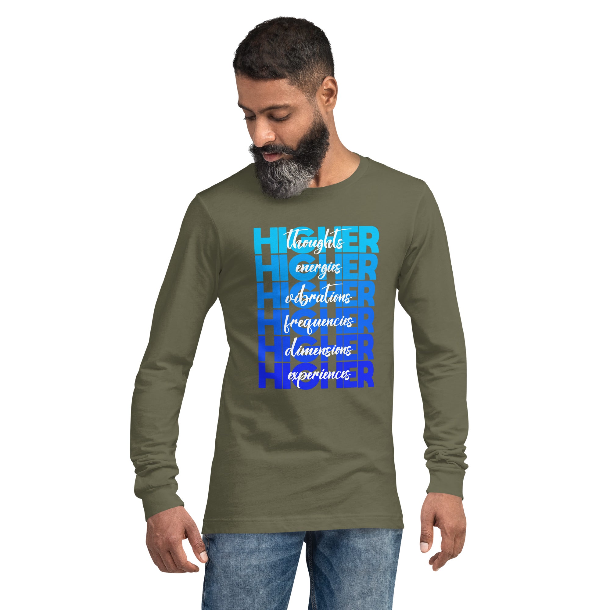 "Higher" Unisex Long Sleeve Tee (White) | Blue
