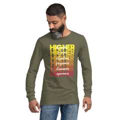 "Higher" Unisex Long Sleeve Tee (White) | Yellow/Burgundy