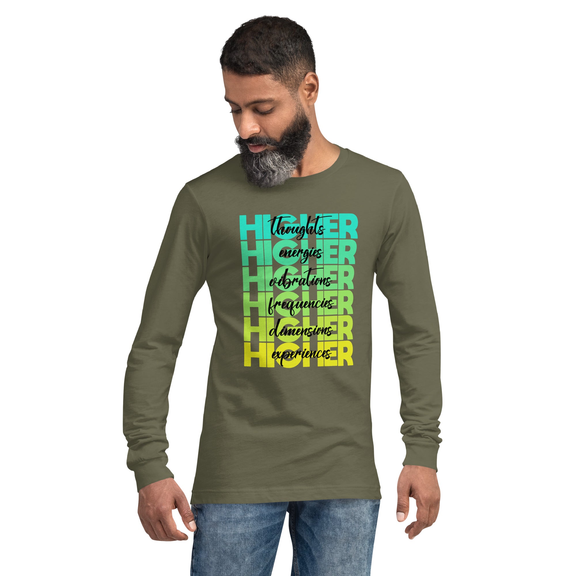 "Higher" Unisex Long Sleeve Tee (Black) | Cyan/Yellow