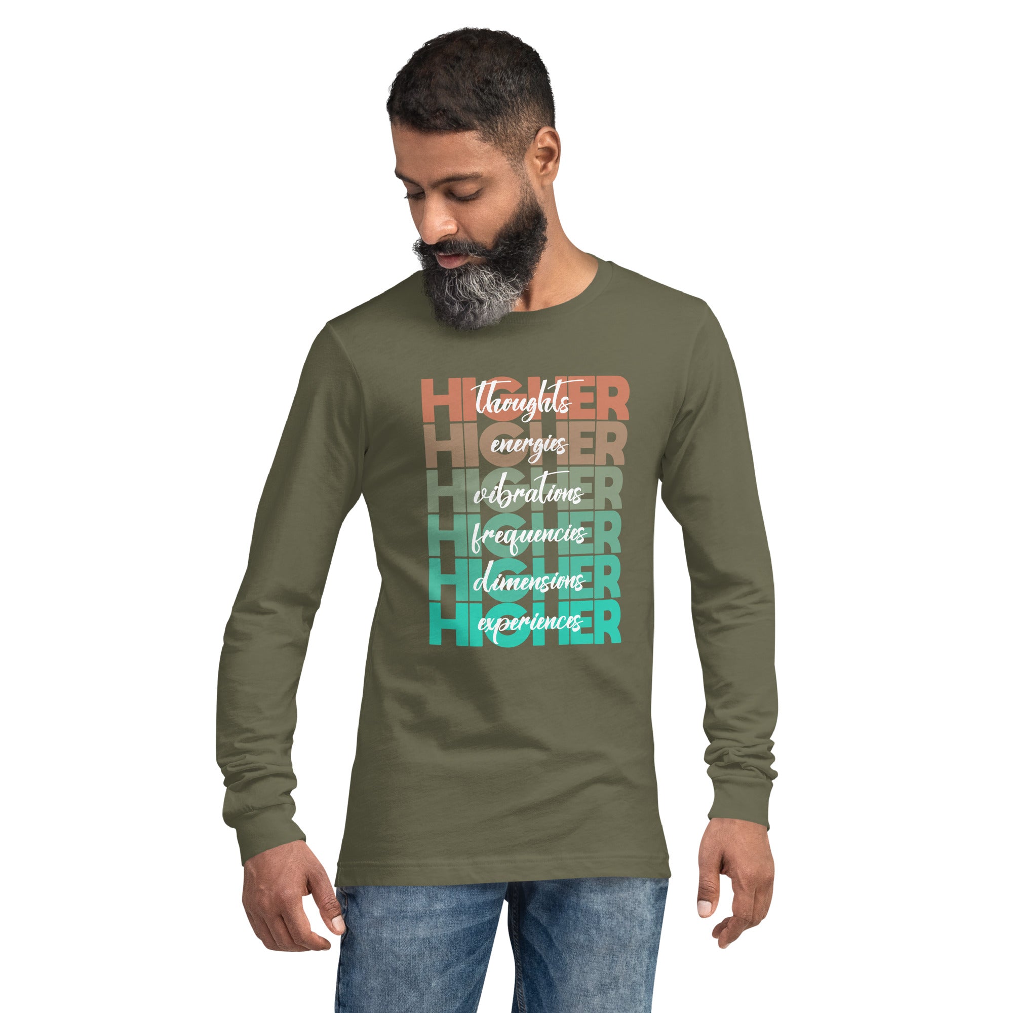 "Higher" Unisex Long Sleeve Tee (White) | Beige/Cyan