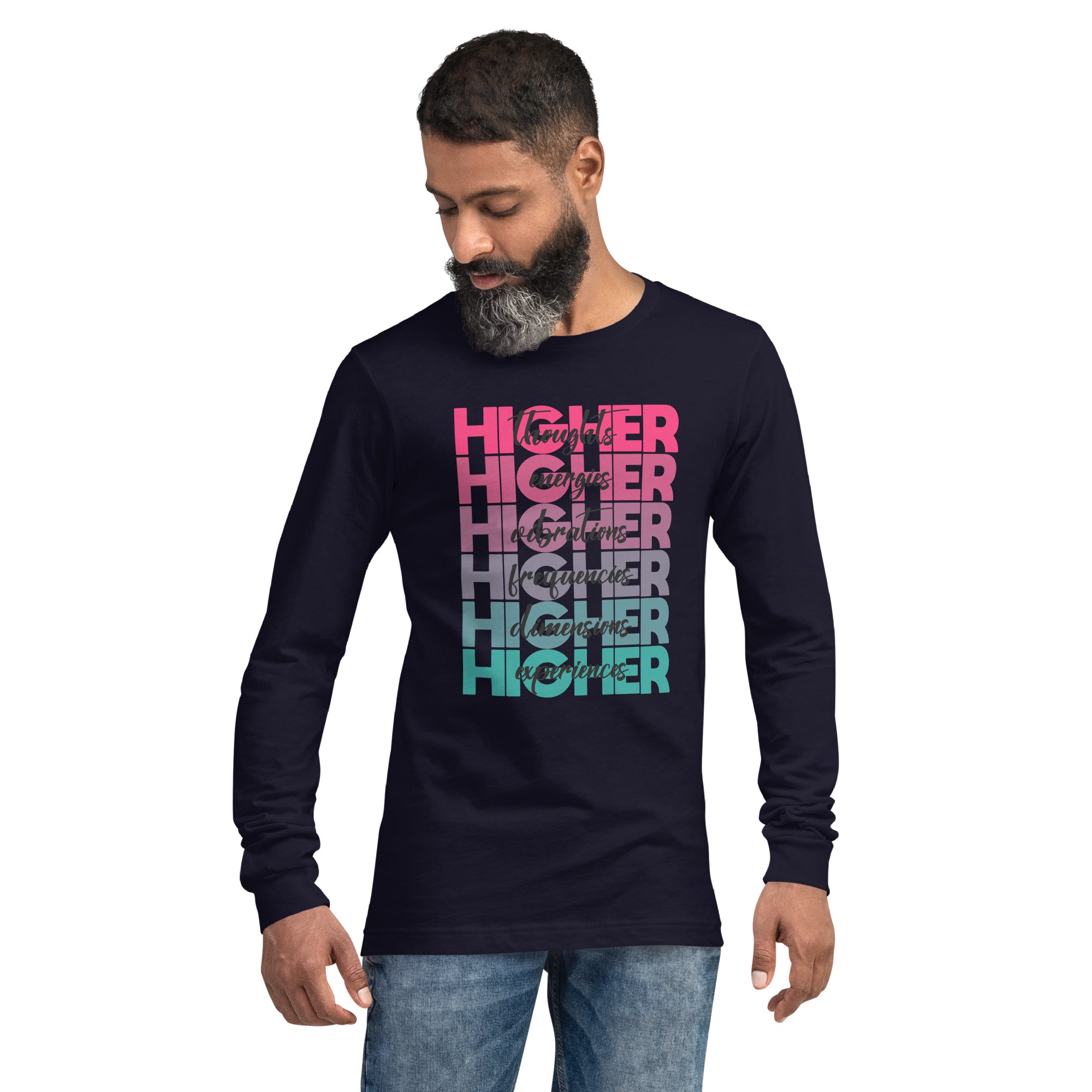 "Higher" Unisex Long Sleeve Tee (Black) | Pink/Turquoise