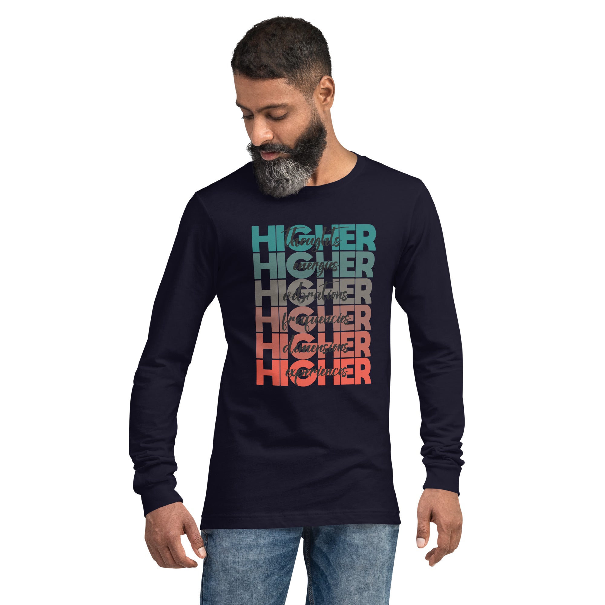 "Higher" Unisex Long Sleeve Tee (Black) | Turquoise/Orange