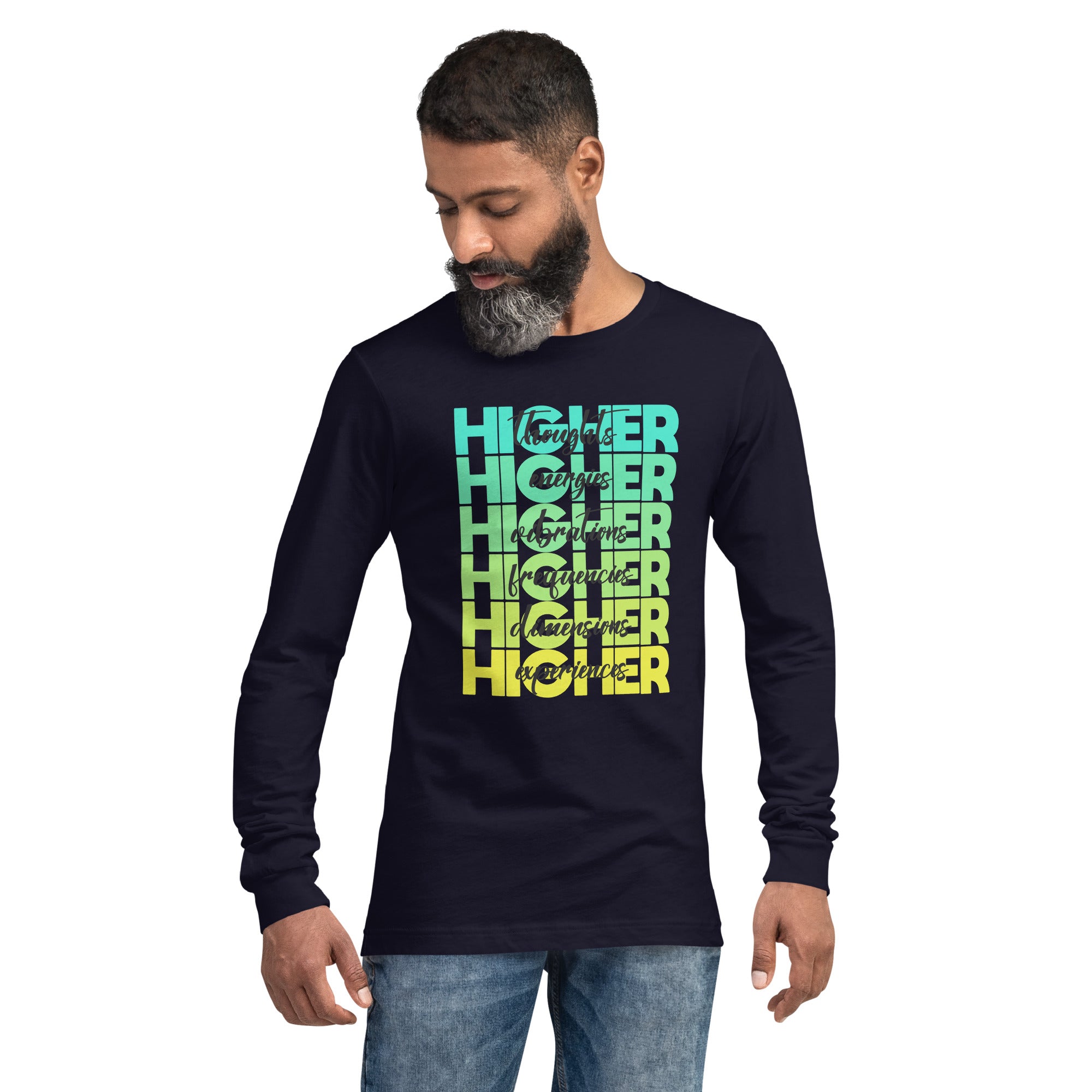 "Higher" Unisex Long Sleeve Tee (Black) | Cyan/Yellow