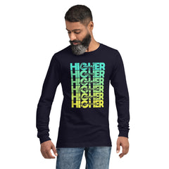"Higher" Unisex Long Sleeve Tee (Black) | Cyan/Yellow
