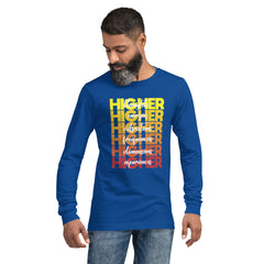 "Higher" Unisex Long Sleeve Tee (White) | Yellow/Burgundy