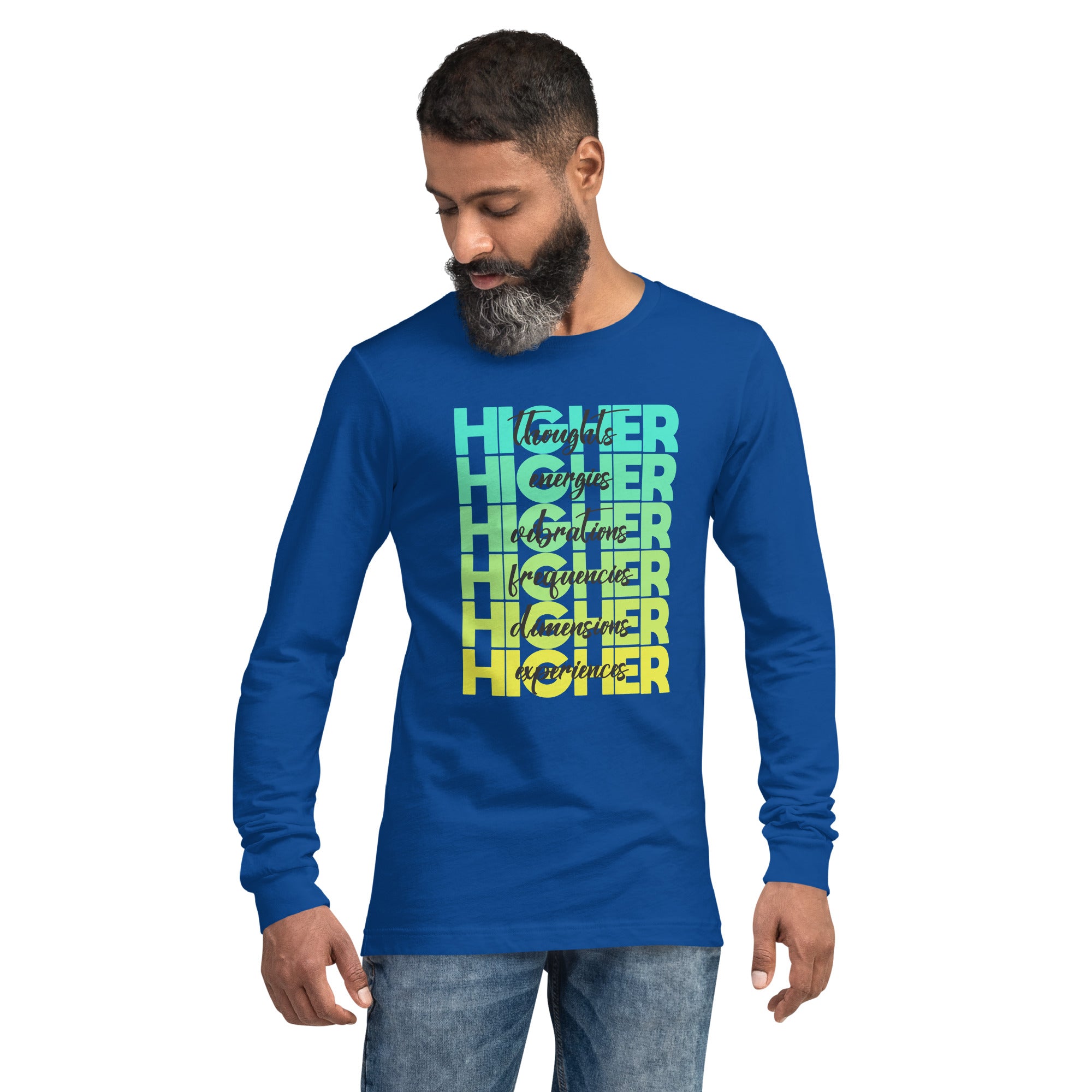 "Higher" Unisex Long Sleeve Tee (Black) | Cyan/Yellow