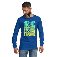 "Higher" Unisex Long Sleeve Tee (Black) | Cyan/Yellow