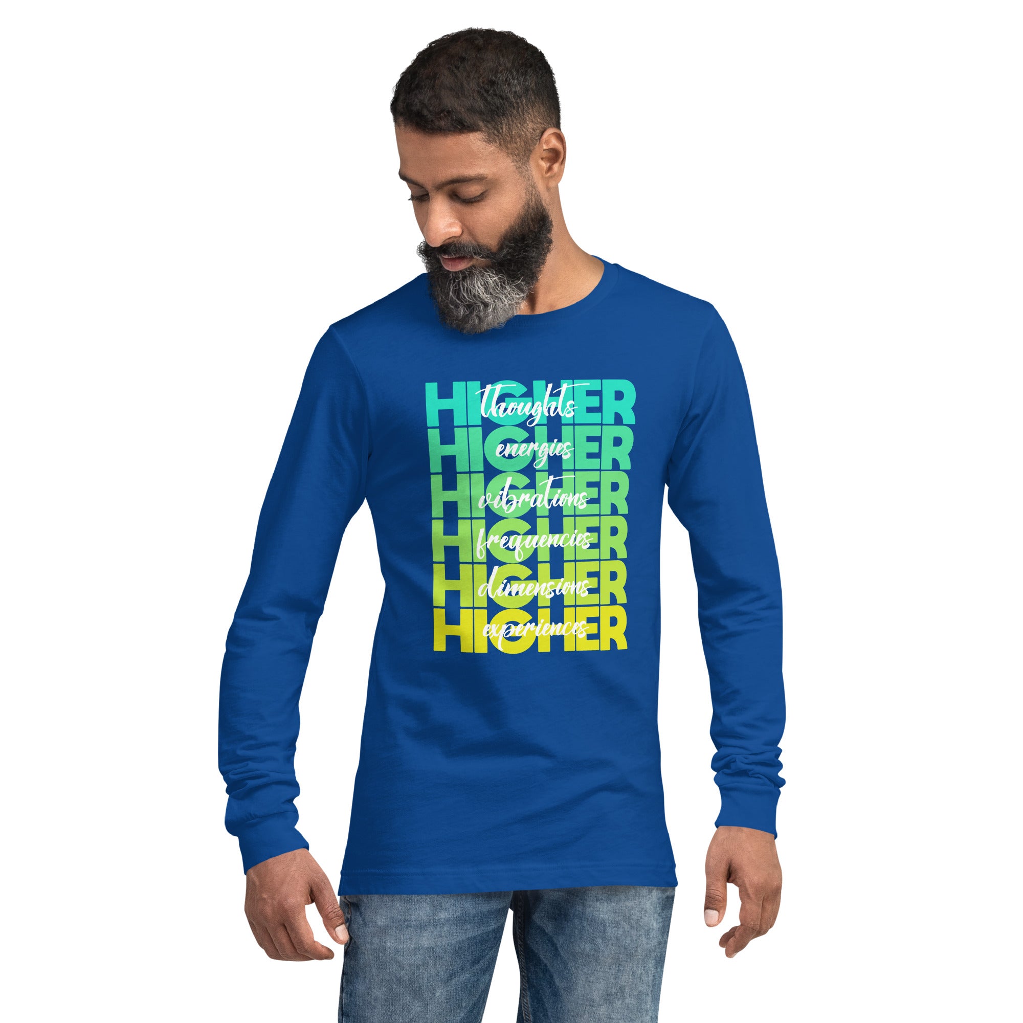 "Higher" Unisex Long Sleeve Tee (White) | Cyan/Yellow