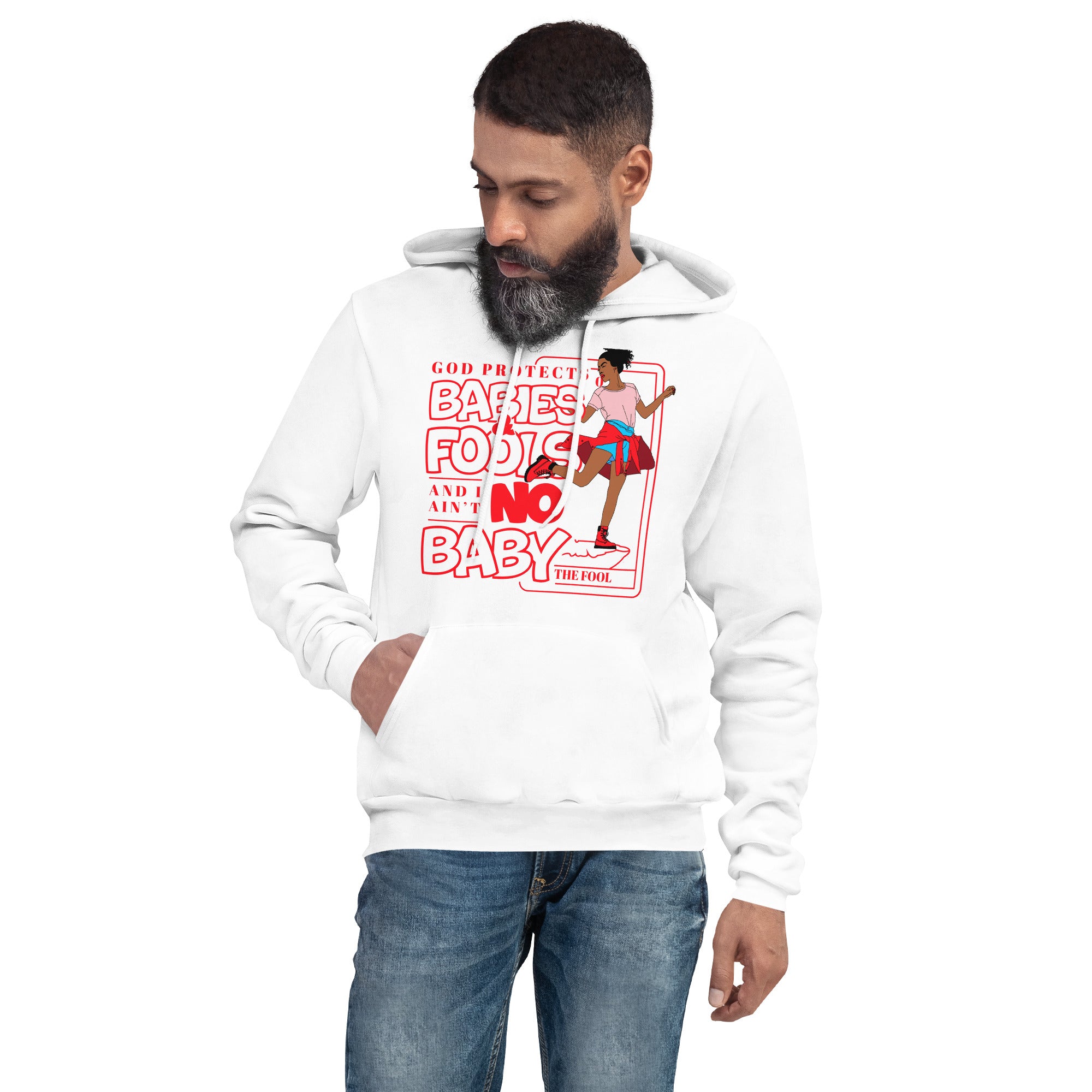 "God Protects Fools" Unisex Hoodie (Woman Version) | Red