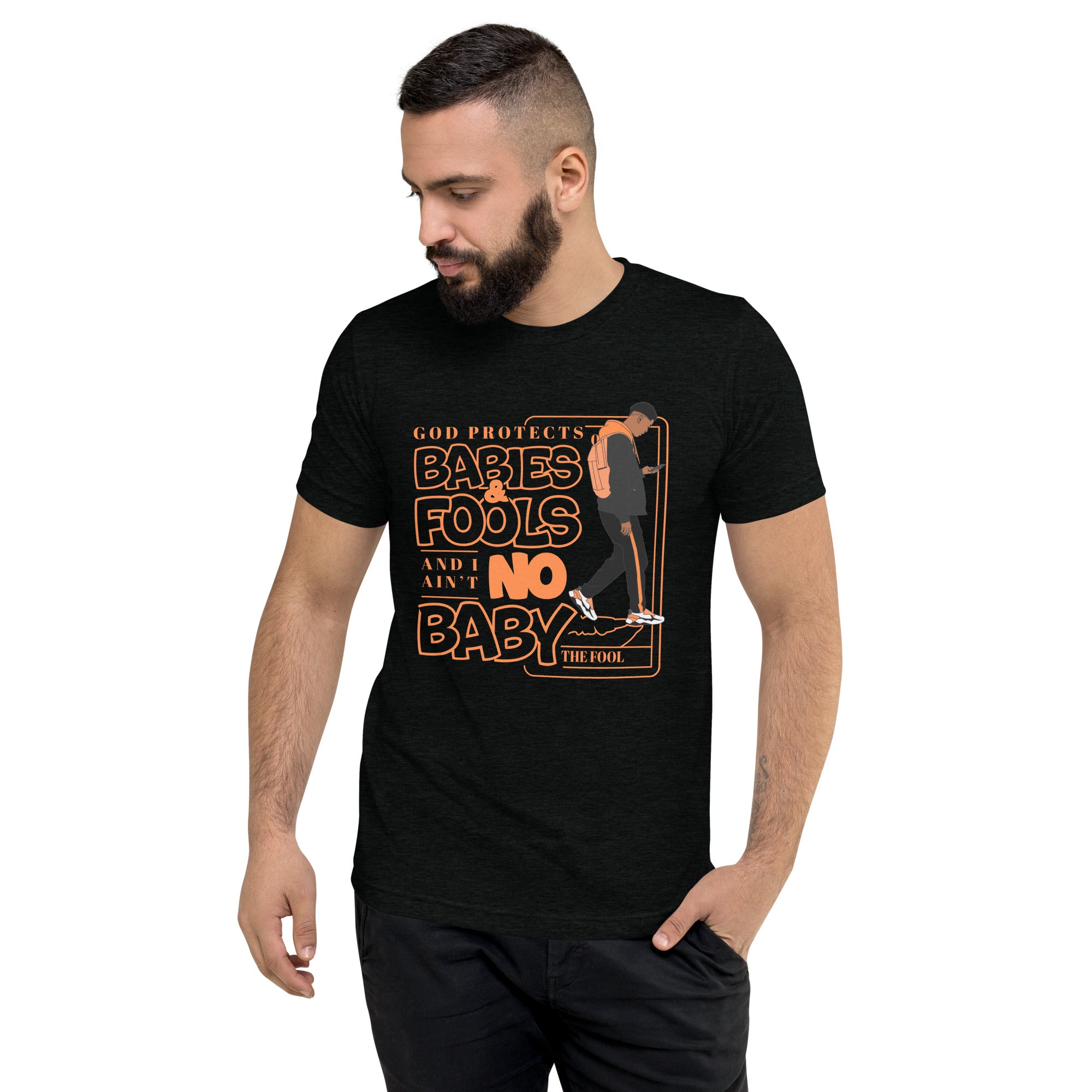"God Protects Fools" Unisex T-Shirt (Man Version) | Orange