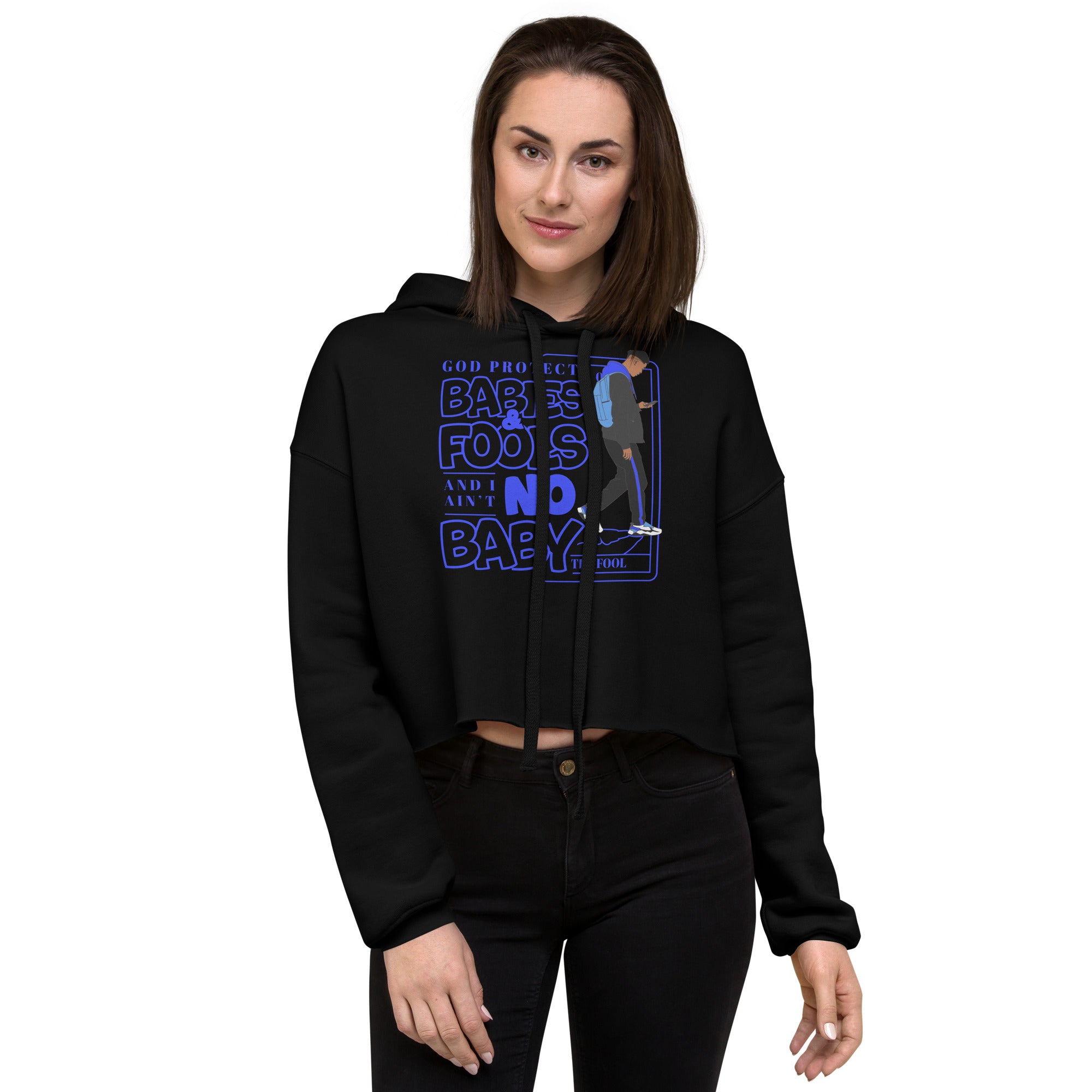 "God Protects Fools" Crop Hoodie (Man Version) | Blue