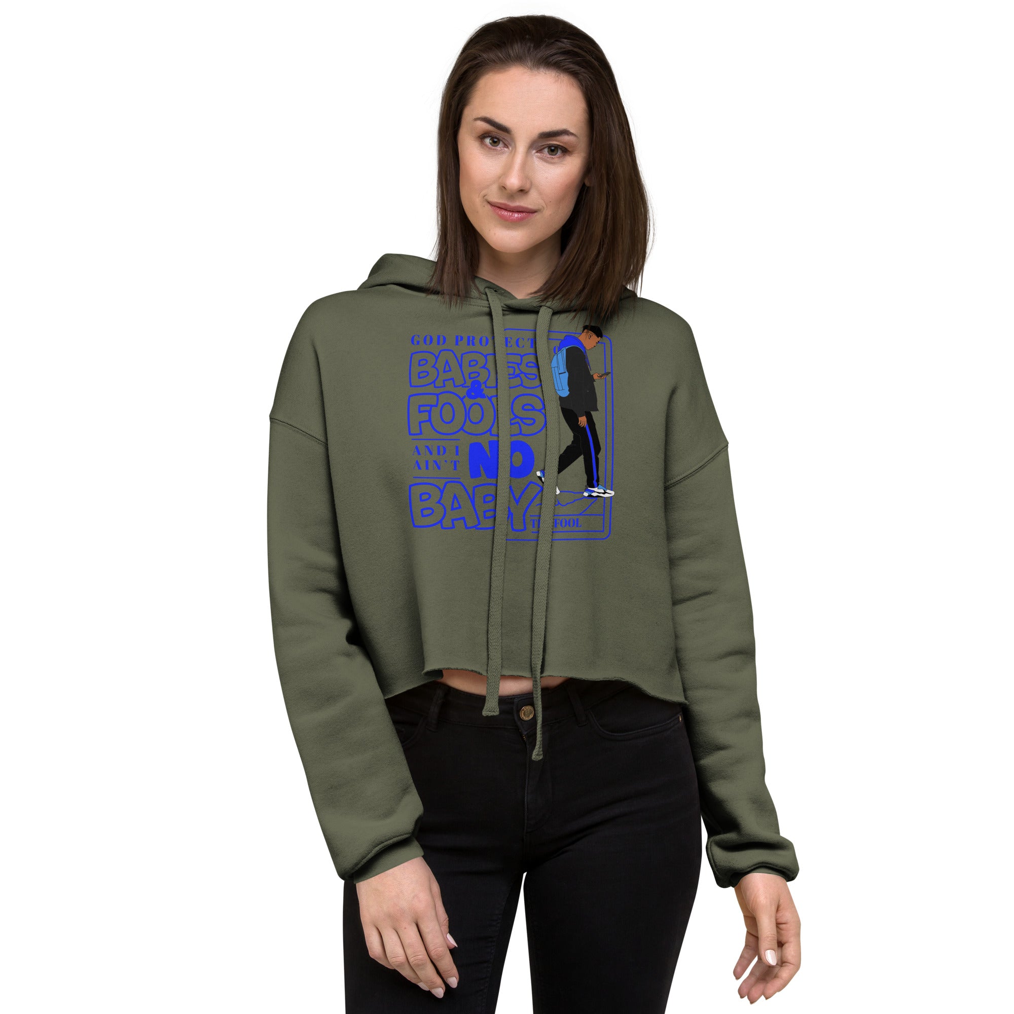 "God Protects Fools" Crop Hoodie (Man Version) | Blue
