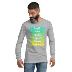 "Higher" Unisex Long Sleeve Tee (White) | Cyan/Yellow