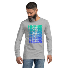 "Higher" Unisex Long Sleeve Tee (White) | Turquoise/Blue