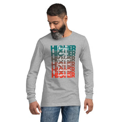 "Higher" Unisex Long Sleeve Tee (White) | Turquoise/Orange