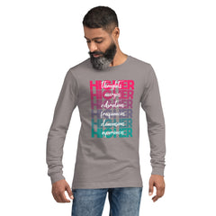"Higher" Unisex Long Sleeve Tee (White) | Pink/Turquoise