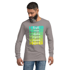 "Higher" Unisex Long Sleeve Tee (White) | Cyan/Yellow