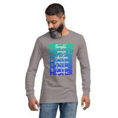 "Higher" Unisex Long Sleeve Tee (White) | Turquoise/Blue