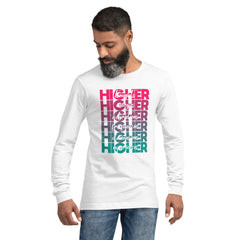 "Higher" Unisex Long Sleeve Tee (White) | Pink/Turquoise