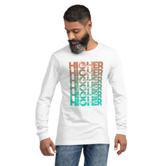 "Higher" Unisex Long Sleeve Tee (White) | Beige/Cyan