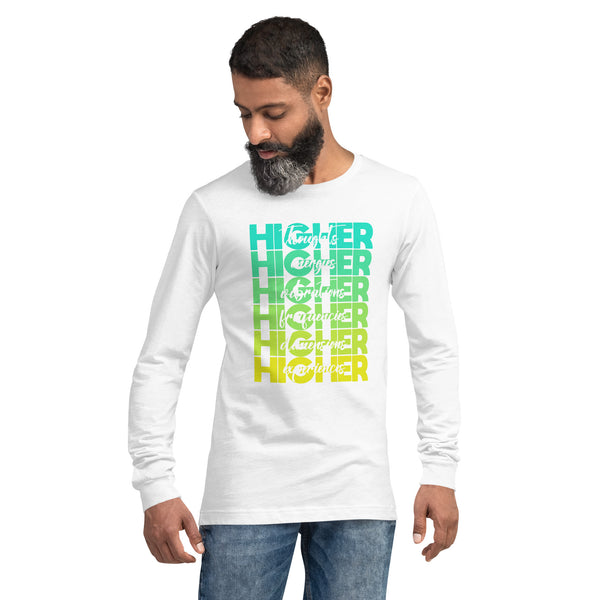 "Higher" Unisex Long Sleeve Tee (White) | Cyan/Yellow